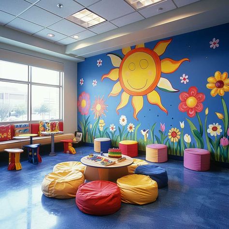 Daycare Wall Ideas Paint, Daycare Mural Ideas, Daycare Wall Murals, Daycare Mural, Infant Room Daycare Decorations, Preschool Interior Design Nursery School, Sensory Kids Room, Daycare Design Ideas, Kindergarten Classroom Design