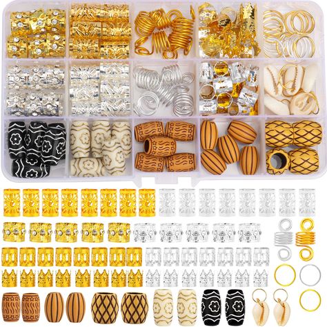 PRICES MAY VARY. Package including:133 pcs loc jewelry for hair of mix styles (11 styles) with a clear storage box,12 x Rhinestone Metal Hair Cuffs Jewelry(gold&silver);24 x Dreadlocks Beads Locks Metal Cuffs(gold&silver);18 x Crown dreadlocks hair cuffs(gold&silver); 20 x dreadlocks hair cuffs(gold&silver);10 x spring shape color hair coil(gold&silver)l;20 x hoop rings(gold&silver);5 x shell pendant charms; 24 x Imitation Wood Hair Tube Beads(Mixed patterns and size) High quality materials: The Jewelry For Braids, Hair Jewelry For Braids, Hair Accessories Braids, Braided Dreadlocks, Coil Ring, Dreadlock Jewelry, Braid Accessories, Dreadlock Accessories, Hair Cuffs