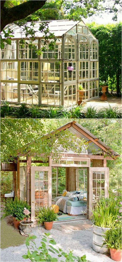 12 amazing DIY sheds & greenhouses: how to create beautiful backyard offices, studios and garden rooms with reclaimed windows and other materials. - A Piece of Rainbow, she shed, farmhouse, boho, hobby room, garden, gardening ideas, homestead, homesteading Serre Diy, Diy She Shed, Diy Sheds, Reclaimed Windows, Jardim Diy, Wooden Greenhouses, Backyard Greenhouse, Backyard Office, Greenhouse Plans