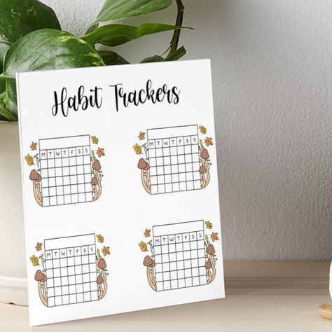 Professionally printed on firm, textured mat boards perfect for desks and shelves. Supplied with 3M velcro dots to easily affix to walls. Available in standard sizes. Habit tracker stickers to stick in your bullet journal. Write your habit goal in the very top box and colour in the squares for each day you do your habit. These are in a cute autumn mushroom theme. Bullet Journal Mushroom Theme, Habit Tracker Stickers, September Bujo, Mushroom Theme, Bullet Journal August, Journal Habit Tracker, Tracker Stickers, Habit Tracker Bullet Journal, Habit Trackers