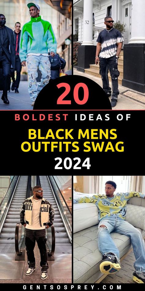 Unleash your style with the ultimate Black Men's Outfit Ideas for 2024! Explore our curated collection of the top 20 swag styles for every season. Whether you're rocking summer vibes or embracing winter cool, our lineup has you covered. From street style to classy ensembles, we've got the perfect looks to elevate your fashion game. Discover the latest trends in men's fashion and step out with confidence in our swag-inspired outfits. Black Man Christmas Outfit, Mens Winter Fashion Outfits 2024, Men 2024 Fashion Trends, Mens Clothing Styles Winter Outfit, Black Men Winter Outfits, Black Jeans Outfit Mens, Men Outfits Swag, Guys Fashion Swag, Casual Holiday Outfits