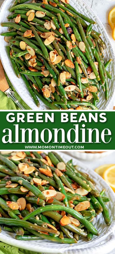 Green Beans Almondine is a simple yet elegant side dish made with green beans, garlic and buttery, toasted almonds. It's prepared in one skillet and is ready to go in about 20 minutes. A beautiful and delicious addition to any meal - holiday or otherwise! // Mom On Timeout Easter Green Beans, Green Bean Side Dish Recipes, Green Beans With Almonds, Green Beans Almondine, Green Beans Side Dish, Mom On Timeout, Green Bean Recipes, Vegetable Side, Delish Recipes