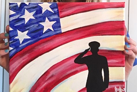 Original acrylic painting of a soldier silhouette by Julia Nawa Veterans Day Paintings On Canvas, Veterans Day Paintings, Patriotic Acrylic Painting Ideas, Army Painting Art, 4th Of July Painting Ideas, Flag Painting Ideas, Patriotic Paintings, Patriotic Art Ideas, Veterans Day Art