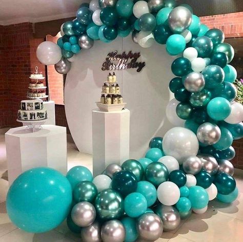 Birthday Decoration For Husband, Husband Surprise, Balloon Birthday Themes, Teal Balloons, Idee Babyshower, Book Birthday, Aqua Wedding, Diy Balloon Decorations, Arch Decoration Wedding