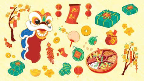 Tet Holiday Art, Tet Holiday Illustration, Painting Packaging, Vietnam Landscape, Tet Holiday, Background Animation, Collection Illustration, Chinese New Year Design, New Year Designs