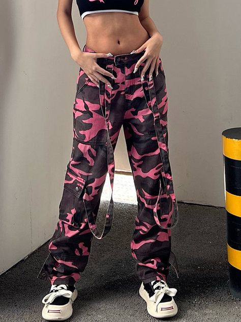 Stylish Line Multi-pocket Denim Trousers Pink Camo Pants, Harajuku Pink, Straight Sweatpants, Jeans Online Store, Plaid Jeans, Camouflage Jeans, Y2k Punk, Camouflage Cargo Pants, Camouflage Colors