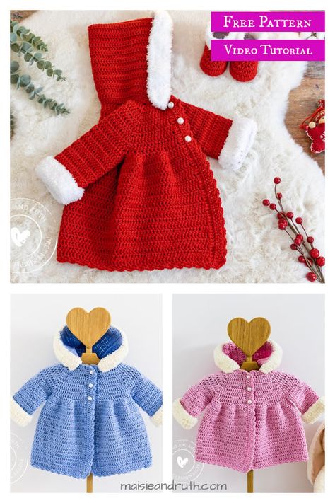 Baby Coat With Hood Free Crochet Pattern and Video Tutorial Crochet Elf Coat Free Pattern, Crochet Doll Coat Free Pattern, Crochet Newborn Hoodie Free Pattern, Crocheted Baby Dress Ornament, Free Prem Baby Knitting Patterns Coats & Jackets, Baby Coats Girl, Baby Coat, Handbag Pattern, Thread & Yarn