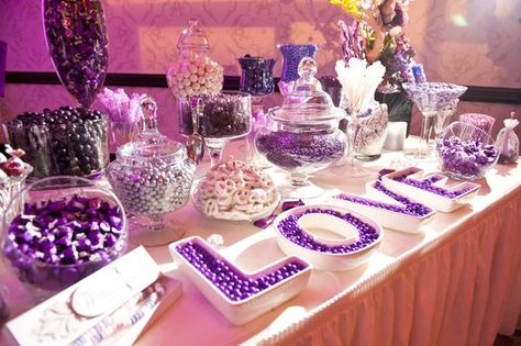 candy bar Purple Candy Table, Purple Candy Buffet, Wedding Budgets, Wedding Candy Table, Ashley Cooper, Lush Wedding, Candy Buffet Tables, Candy Bar Wedding, Crown Party