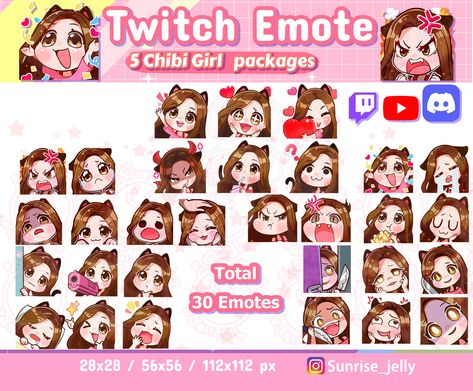 Twitch Emotes Tutorial, How To Draw Chibi Hair, Emotes Twitch Base, Twitch Emote Reference, Twitch Emotes Ideas, Cute Twitch Emotes, Twitch Chibi Emote, Emote Ideas, Brown Eyes Black Hair