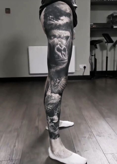 Realism Leg Sleeve, Gorilla Tattoos, Sleeve Reference, Harambe Gorilla, Masculine Tattoos, Tattoo 2023, Gorilla Tattoo, Hourglass Tattoo, Love Of Nature