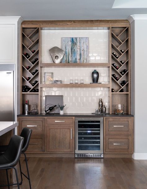 Custom built in with open wine storage cabinets, beverage fridge, and open floating shelves Dry Bar With Wine Storage, Kitchen Servery Ideas, Built In Dry Bar Nook, Wine Built In Wall, Wine Shelving Ideas, Wine Storage Built In, Wine Bar Home Ideas, Dry Bar Room Ideas, Bar Insert In Wall