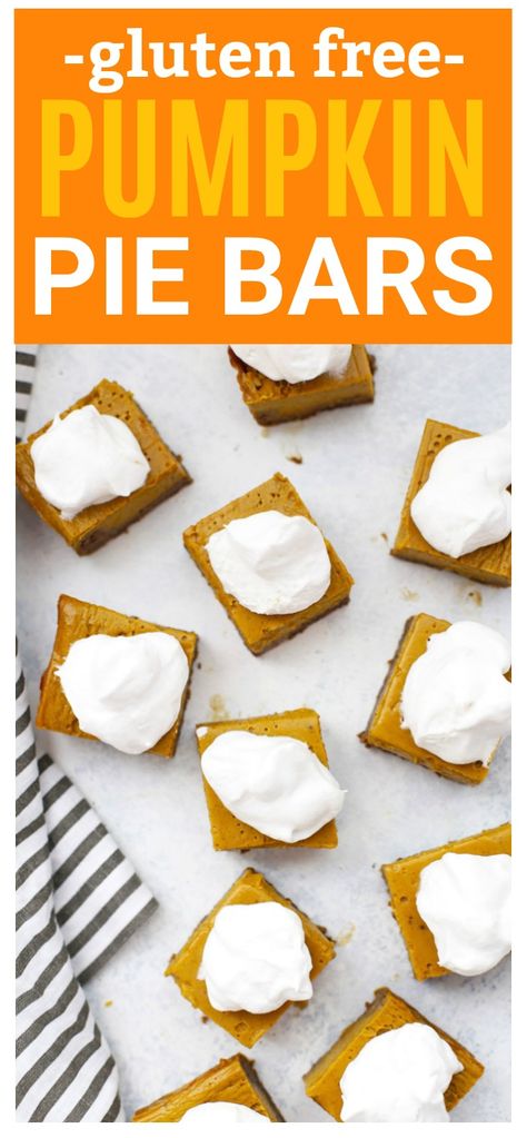 Gluten Free Pumpkin Pie Bars with Ginger Cookie Crust - Swap out the pumpkin pie for these easy pumpkin pie bars. The cookie crust makes them so easy! They slice and serve like a dream! Gluten Free Pumpkin Pie Bars, Vegan Pumpkin Pie Bars, Dairy Free Pumpkin Pie, Pumpkin Pie Bars Recipe, Almond Flour Crust, Pumpkin Filling, Pumpkin Coconut, Gluten Free Pumpkin Pie, Healthy Pumpkin Pies