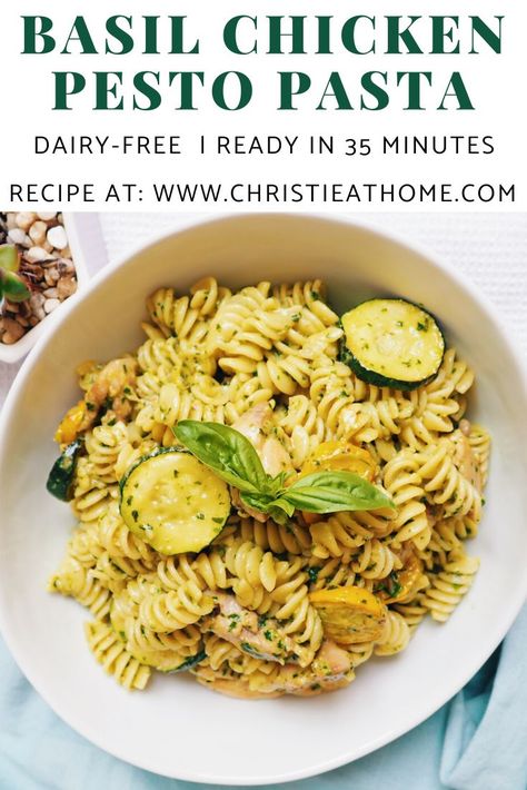 Basil Pesto Chicken Pasta. Delicious, dairy-free and only takes 35 minutes to make. Perfect for dinner or as leftovers for lunch! Basil Pesto Chicken Pasta, Easy Basil Pesto, Dairy Free Pasta Recipes, Pesto Pasta Recipes Chicken, Pasta With Zucchini, Basil Pesto Chicken, Gluten Free Pesto, Basil Pesto Pasta, Dairy Free Pesto