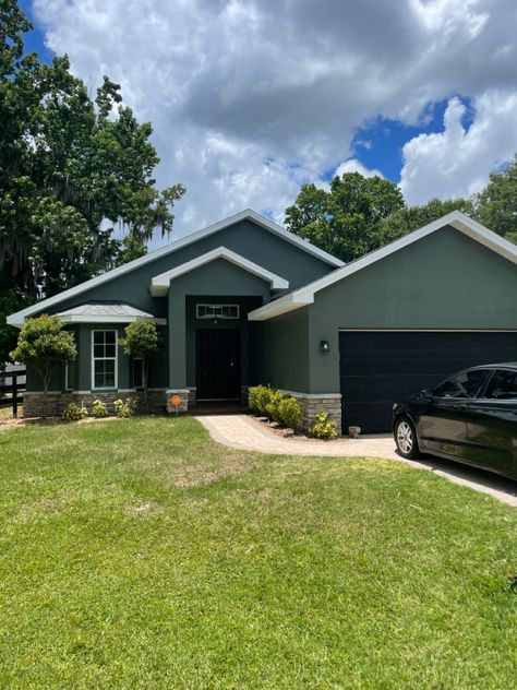 Green House Exterior Stucco, Black Front Door Green House, Black Door Green House, Dark Green Stucco House Exterior, Florida Stucco House Colors, Pewter Green Exterior House, Sherwin Williams Pewter Green Exterior, Pewter Green Sherwin Williams Exterior, Green And Black House Exterior