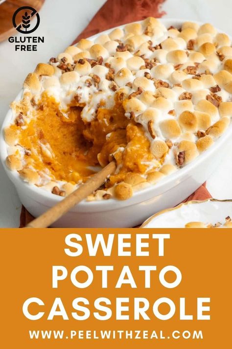 This GF sweet potato casserole recipe is topped with both marshmallows and pecans. It is sweet, creamy and perfect for Thanksgiving. This might be my best thanksgiving side dish recipe yet! Gluten Free Sweet Potato Casserole, Sweet Potato Marshmallow Casserole, Thanksgiving Sweet Potato Casserole, Baked Sweet Potato Casserole, Best Sweet Potato Casserole, Maple Sweet Potatoes, Gluten Free Thanksgiving Recipes, Sweet Potato Thanksgiving, Sweet Potato Casserole Easy