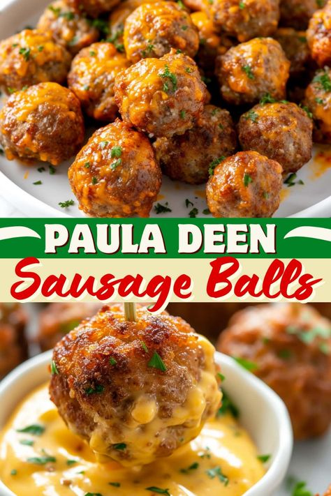 These Paula Deen sausage balls are a must for any party! Full of savory meat and sharp cheese, you'll want to devour them. The Best Sausage Balls Ever, Paula Dean Sausage Balls, Freezing Sausage Balls, Sausage Biscuit Balls, Stove Top Stuffing And Sausage Balls, Stove Top Sausage Balls, Sausage Ball Appetizers, Sausage Stuffing Balls Recipe, Deep Fried Sausage Balls