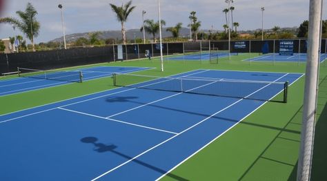 Tennis Court Resurfacing Phoenix AZ Tennis Court Landscape, Blue Tennis Court, Tennis Court Backyard, Tennis Court Design, Tennis Shoot, Outdoor Sports Court, Tennis Court Photoshoot, Indoor Sports Court, Indoor Tennis