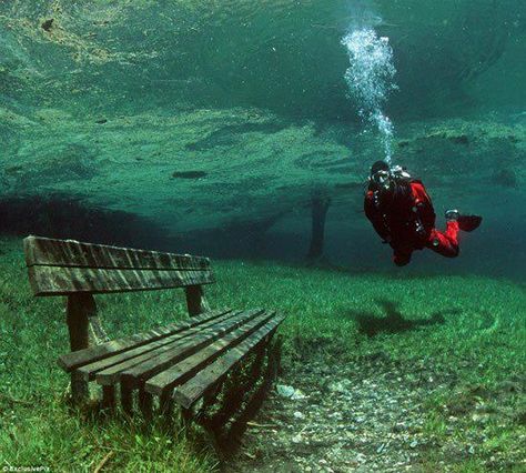 Green Lake in the Hochschwab Mountains (Austria). During the winter, the lake is only 1–2 m deep and the surrounding area is used as a county parkis and hiking trail. When the snow melts in spring/summer it creates a completely clear lake. The lake has a grassy bottom, complete with underwater trails, park benches and bridges! Underwater Park, Park Benches, Hiking Spots, Clear Lake, Green Lake, Hiking Trail, To Infinity And Beyond, Future Travel, Macedonia