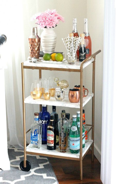 Bar Cart and Serving Station - Nesting With Grace Ikea Bar Cart, Ikea Bar, Apartment Bar, Diy Home Decor For Apartments, Diy Bar Cart, Bar Cart Ideas, Kitchen Ikea, Apartment Hacks, Bar Cart Styling