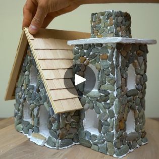 Pebble House, Stone Miniature, Christmas Tree Village Display, Stone Cabin, Cabin Crafts, Christmas Tree Village, Fairy Tree Houses, House Craft, Nature Craft