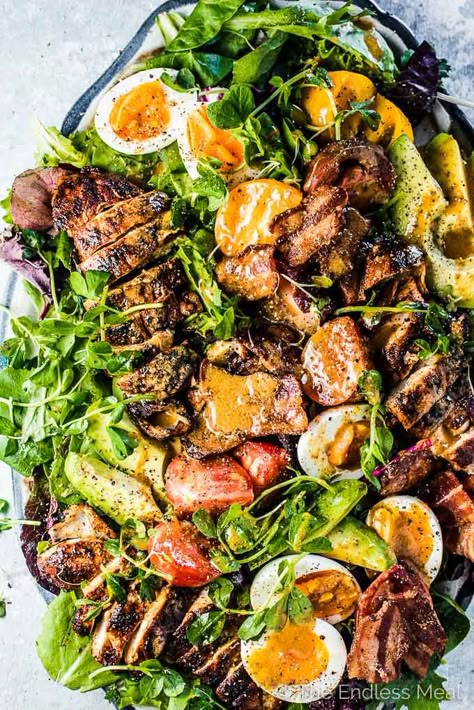 Grilled Chicken Cobb Salad with Warm Bacon Vinaigrette | The Endless Meal® Salad Recipes With Meat, Warm Bacon Vinaigrette, Dinner Salad Recipes, Bacon Vinaigrette, Chicken Cobb Salad, Recipes With Meat, Salad For Dinner, Meat Salad, Dinner Salad