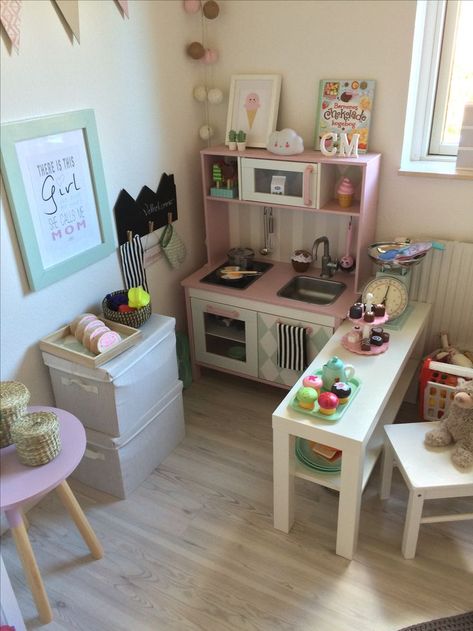 Cube Shelf Play Kitchen, Play Kitchen Playroom, Small Playroom, Ikea Play Kitchen, Living Room Playroom, Baby Playroom, Girls Playroom, Toddler Playroom, Kids Play Kitchen