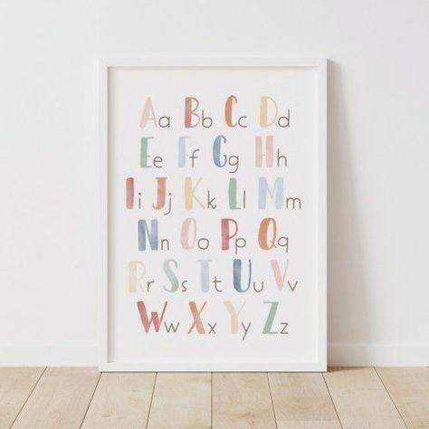 This shop has so many wonderful and educational prints that will help your kids to love learning. I love the pastel colors! #educationalwallart #alphabetwallart #nurseryart #classroomart #learningtools Watercolor Alphabet, Rainbow Alphabet, Abc Wall, Abc Print, Kids Rainbow, Educational Wall Art, Abc Poster, Affirmations For Kids, Colorful Space