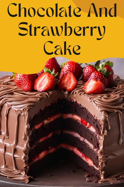 Chocolate and strawberry cake combines rich, moist chocolate layers with a light, fruity strawberry filling and frosting. The cake features a decadent chocolate base, complemented by a smooth strawberry cream or jam, creating a harmonious blend of flavors. Topped with fresh strawberries and chocolate shavings, it’s a delightful, visually appealing dessert. Chocolate Cake With Strawberry Jam, Cake Flavors And Fillings Combinations, Strawberry And Chocolate Cake, Chocolate Cake With Strawberries, Cupcake Flavours, Strawberry Chocolate Cake, Strawberries And Chocolate, Double Chocolate Cake, Chocolate And Strawberry