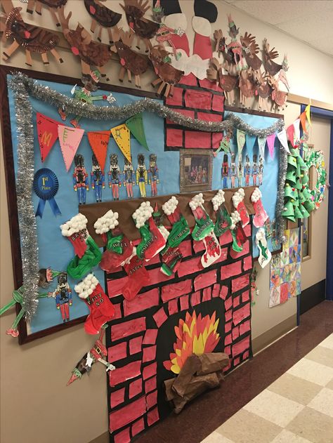 Chimney Bulletin Board Ideas, 3d Christmas Bulletin Boards, World Bulletin Board Ideas, Grinch Bulletin Board Ideas, Christmas Board Ideas, Prek Bulletin Board, Around The World Bulletin Board, Fireplace Cardboard, Holiday Around The World