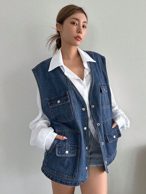 Medium Wash Casual Collar Sleeveless Denim Plain vest Embellished Non-Stretch  Women Clothing Denim Utility Vest, Oversized Denim Vest Outfit, Denim Vest Outfits For Women, Sleeveless Jean Jacket Outfit, Jean Vest Outfits, Denim Vest Outfit, Black Denim Vest, Vest Outfits For Women, Blue Jean Vest