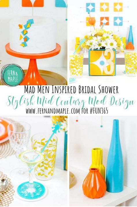 Mid-Century Mod Bridal Shower Ideas #bridalshower #themedparty #mod #madmen #modernparty #fernandmaple Mid Century Party Ideas, Mid Century Modern Bridal Shower Ideas, Mid Century Modern Birthday Party, Mid Century Modern Party Theme, Mid Century Party Decor, Mid Century Modern Party Decor, Mid Century Modern Party, Modern Bridal Shower Decorations, Mcm Wedding