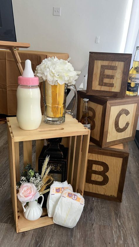 Baby Brewing Baby Shower Ideas, A Baby Is Brewing Baby Shower Ideas Beer, Bushel And A Peck Baby Shower Ideas, Baby Shower Food Set Up, Beer Baby Shower Ideas, Beer And Baby Shower Ideas, Brewery Baby Shower Ideas, Diaper Party Decorations, Baby Brewing Shower Ideas