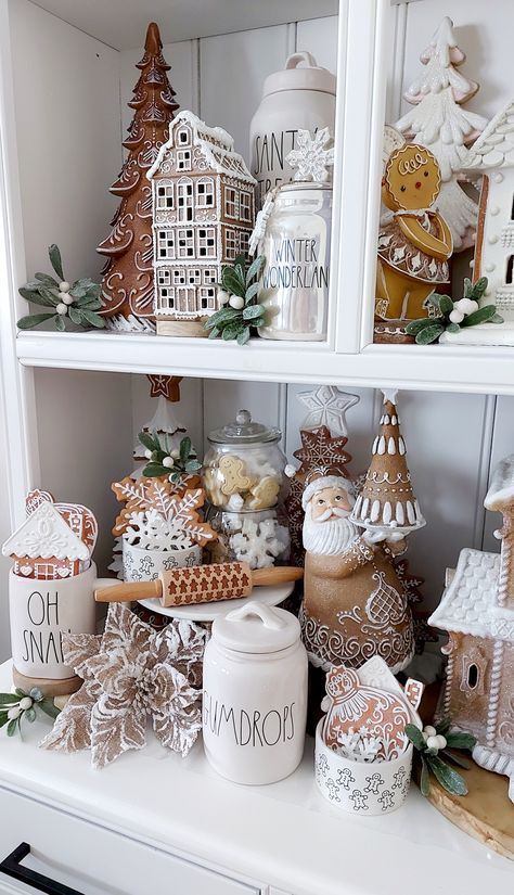 Brown and neutral gingerbread christmas decor Gingerbread Trees Decorated, Christmas Rae Dunn Hutch, Gingerbread Christmas Display, Neutral Gingerbread Decor, Hutch Decorating Ideas Display, Rae Dunn Hutch Display, Cottage Style Christmas, Gingerbread Display, Gingerbread Kitchen