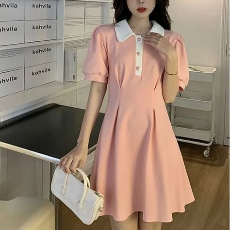 Pickxy - Puff-Sleeve A-Line Polo Dress Short Sleeve Long Dress, Sleeve Long Dress, Y2k Dress, Fall Wedding Guest Dress, High Waist Dress, Long Sleeve Short Dress, Athleisure Fashion, Sweet Style, Women Long Dresses