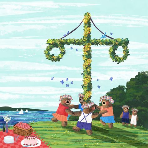 A family of Swedish bears enjoy a midsummer celebration, by Marie Hermanson, copyright 2020 #midsummer #illustration #maypole #midsommer #swedish #bears #characters #dancing #folk #kidlitart #childrenspicturebooks #picturebookart #picnic Midsummer Illustration, Maypole Illustration, Midsommar Fan Art, Midsommar Painting, Midsummer Celebration, Midsommar Bear Scene, Midsommar Screencaps, Moominsummer Madness, Characters Dancing