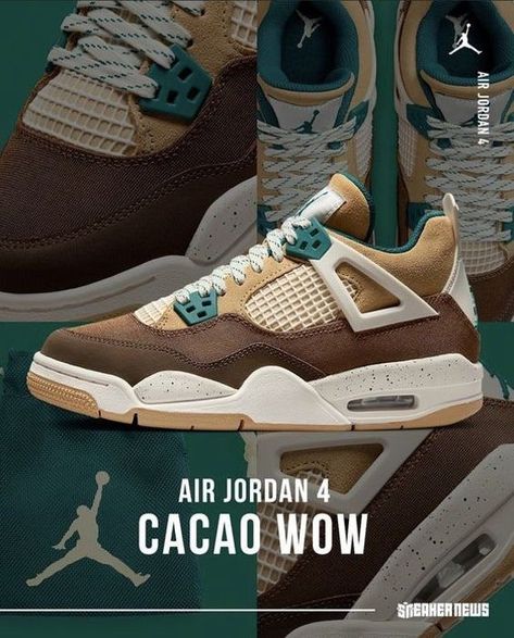 Jordan 4 Cacao WowGeode Teal-Ale Brown Pretty Shoes Sneakers, Kicks Shoes, Shoes World, Nike Shoes Jordans, Cute Nike Shoes, Cute Nikes, Nike Sneakers Women, Air Jordan 4, Brown Sneakers