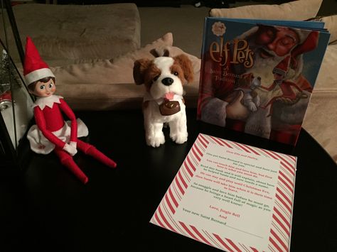 Elf on the shelf day 2! Jingle Bell brought us a Saint Bernard pet!!! Elf And St Bernard Ideas, Elf Pet Arrival Ideas, Elf On Shelf Pet Arrival, Elf Pets Arrival, Elf On The Shelf Pet Ideas, Elf Stuff, Elf On The Shelf Arrival, Elf Arrival, Elf Pets