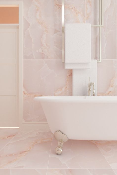 We love these subtle Venturi Onyx Pink porcelain tiles from @reedharristiles, you couldn't help but relax in a bathroom like this! This product features an onyx effect that gives your walls and floors a look of luxury, whilst also being easy to keep clean and is maintenance-free - perfect for busy areas. #londoninteriors #tilestyle #onyxeffect #luxurybathroom #interiorstyling #interiordesign #reedharristiles #pink #stylishbathroom #onyxslab #interiors4all #tastemakers Onyx Tile Bathroom, Pink Tile Bathroom, Pink Bathroom Tiles, Pink Bathroom Ideas, Barbie Bathroom, Quartz Bathroom, Marble Bathroom Floor, Maximalist Aesthetic, Marble Tile Bathroom