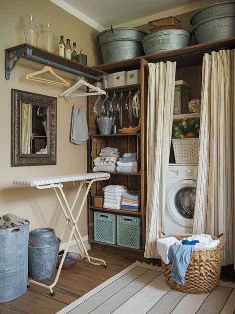 Laundry Room Ideas Vintage, Laundry Room Furniture, Retro Laundry Room, Laundry Room Storage Solutions, Cottage Laundry Room, White Laundry Rooms, Vintage Laundry Room, Laundry Rack, White Laundry