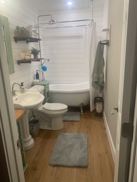 Clawfoot Tub Storage Farmhouse, Clawfoot Tub Storage, Claw Foot Tub Shower Curtain Ideas, Small Bathroom With Clawfoot Tub Farmhouse, Walk In Shower With Clawfoot Tub Inside, England Bathroom, Tub Storage, Clawfoot Tub Inside Shower Stall, New England Homes