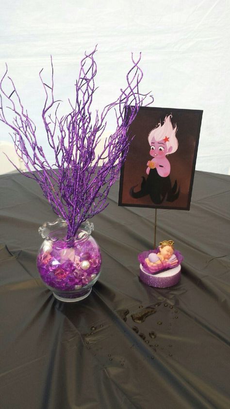 Ursula centerpiece Ursula Themed Party, Ursula Centerpiece, Ursula Party Decorations, Ursula Birthday Party, Ursula Birthday Party Ideas, Ursula Party, Villain Party, Work Event Ideas, Disneyland Party