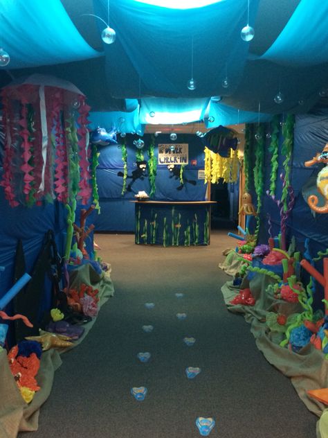 Homecoming Hallways, Vbs Ocean Theme, Submerged Vbs, Hallway Decorations, Ocean Vbs, Studio Booth, Underwater Party, Under The Sea Decorations, Shark Tail