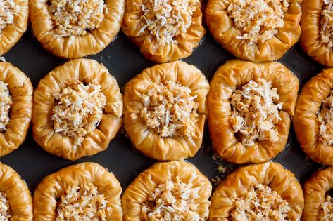 Salted Peanut and Coconut Baklava Bracelets — Antoniou Fillo Pastry Traditional Baklava Recipe, Baklava Recipes, Baklava Recipe Easy, Filo Pastry Recipes, Tv Unit Ideas, Phyllo Pastry, Arabic Dessert, Baklava Recipe, Desiccated Coconut