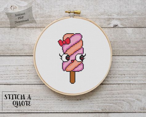 Ice Cream Cross Stitch, Cross Stitch Simple, Summer Cross Stitch, Stitch Crafts, Cream Embroidery, Cross Stitch Modern, Cute Ice Cream, Xstitch Patterns, Simple Cross