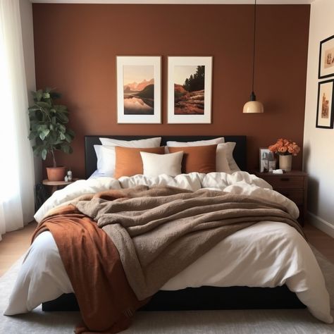 Transform your space into a warm and inviting cozy bedroom with these small bedroom ideas. Perfect for creating a snug and comfortable atmosphere. Burnt Orange Guest Bedroom, Bedroom Tan Carpet, Rust Brown Bedroom, White And Chocolate Bedroom, Muted Orange Bedroom, Cinnamon Bedroom Color Schemes, Cream And Rust Bedroom, Orange And Brown Room Aesthetic, Burnt Orange Bedding Boho