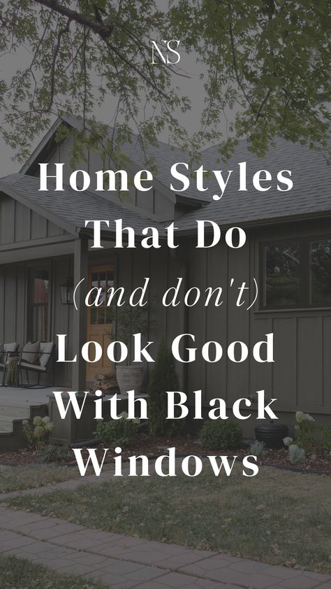 Home styles that do and don't look good with black windows. Are window frames here to stay? Should you install black windows on your house? Are black windows going out of style? Honest opinions on black windows and interior design trends. When to pick black windows and when to pick white windows. | Nadine Stay #blackwindows #blackwindowframes #designtrends #windows #interiordesigntips #timelessortrendy Homes With Black Trim Exterior, Stucco With Black Windows, Black Window Grids Exterior, Off White House With Black Windows, Painting Vinyl Windows Black Exterior, Black Windows Stained Wood Trim, Black Window Frames With White Shutters, Black Framed Interior Windows, Kitchen With Black Window Frames