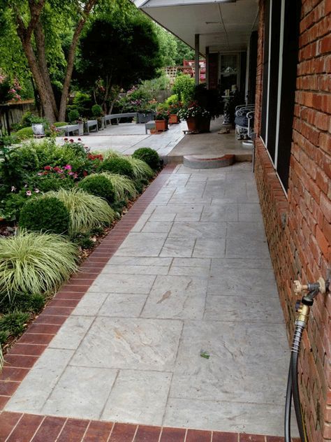 brick sidewalk | Stamped Concrete Sidewalk with Brick Border in Oklahoma City Brick Landscape Edging, Brick Landscape, Walkway Designs, Stamped Concrete Walkway, Brick And Concrete, Brick Sidewalk, Brick Border, Flagstone Walkway, Backyard Walkway