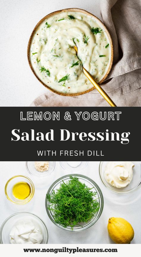 This simple and tangy lemon yogurt salad dressing is the perfect topping for roasted vegetables, tossing with salads, or as a herbed version of Caesar salad dressing. Made with a handful of ingredients including fresh lemon juice, garlic powder, and healthy Greek yogurt, this dressing is a healthier alternative to store-bought versions. Plus, it is a super simple recipe that is also very versatile. Use it as a dip, salad dressing or sandwich spread for instant fresh and creamy flavour! Salad Dressing With Yogurt, Greek Yogurt Dressing Recipes, Sandwich Dressing, Yogurt Salad Dressing, Greek Yogurt Salad Dressing, Gluten Free Salad Dressing, Creamy Dill Dressing, Lemon Salad Dressings, Yogurt Dill Sauce