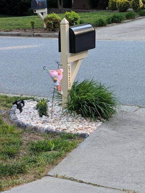 Landscaping For Mailbox Area, Rocks Around Mailbox Curb Appeal, Mailbox Landscape Ideas, Mailbox Landscaping Rocks, Plants Around Mailbox Post, Mail Box Landscaping, Landscaping Around Mailbox Ideas, Mailbox Landscaping Curb Appeal, Mailbox Curb Appeal