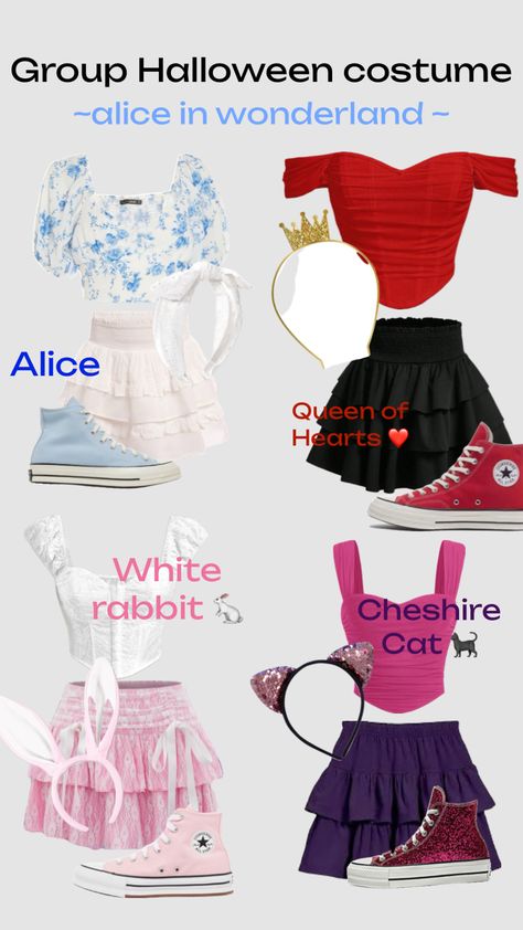 Alice in wonderland group Halloween costumes! 🫶🏼 (this took me forever!) #grouphalloweencostume #groupcostumes #fyp #aliceinwonderland #cheshirecat #queenofhearts #whiterabbit #halloweeninspo Four Halloween Costumes Group Of, Cute 5 Person Halloween Costumes, Iconic Group Costumes Of 4, Three Sisters Halloween Costumes, Cute Halloween Dresses, Friends Duo Halloween Costumes, Cute Halloween Costumes 1 Person, Disney Costumes For 4 People, Alice And The Wonderland Costumes